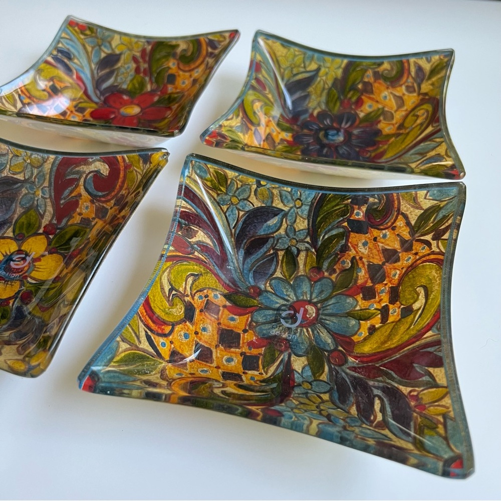 (4) Prima Design Pretty Flower Glass Square Decorative Accent Candy Dishes